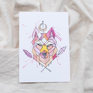 Tarjeta de lobo en acuarela | Tarjeta geométrica de animales