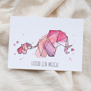 Birth announcement &#39;Hooray, a girl&#39; | Elephant watercolor card