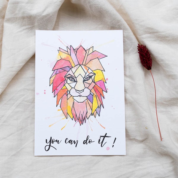 Watercolour lion card | geometric animal card | You can do it!