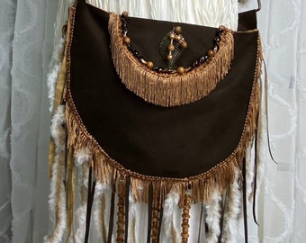 Festival Hippie Boho Bag Brown with Fringes Wooden Beads Faux Fur Suede Imitation Crossbody Shoulder Bag Gift Unique