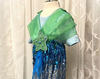 Mermaid costume size. 128 Unique Hand-Sewn Sequin Dress Fashion Carnival Girls Disguise Blue Green Shells Starfish