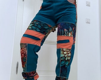 Jogger size S patchwork jogging pants visible seams pockets flowers blue green orange turquoise upcycled unique sports pants unique handmade