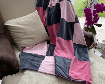 Large light patchwork blanket 120 x 160 cm pink anthracite purple berry-colored quilted velvet handmade unique summer blanket cozy blanket