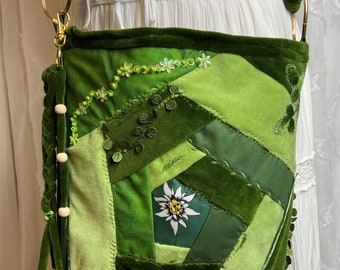 Crossbody Fairycore Bag Green Flowers Leaves Shoulder Bag Fairies Boho Hippie Festival Fairy Tale Unique Gift Hand Embroidered Braided