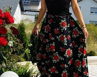 Extravagant maxi skirt long skirt with rose pattern size. S/Meter Romantic Black Red Jersey Summer Skirt Unique Dramatic Floral Skirt