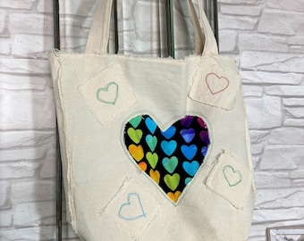 Shoulder Bag with Rainbow Heart Boho Hippie Style Festival Bag Raw Edges