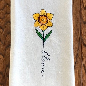 Embroidered daffodil tea towel, spring tea towel, kitchen towel, Mother’s Day gift