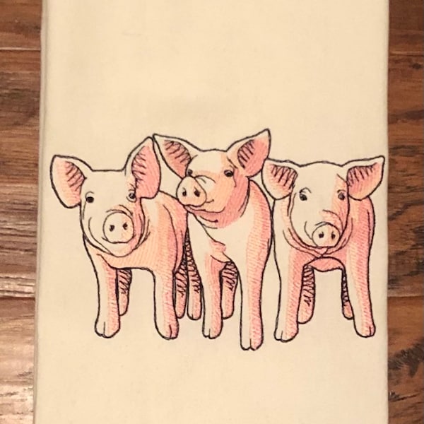 Embroidered tea towel, Pig Tea Towel, kitchen towel, dish towel, country kitchen, kitchen decor, funny kitchen towel, piggy trio