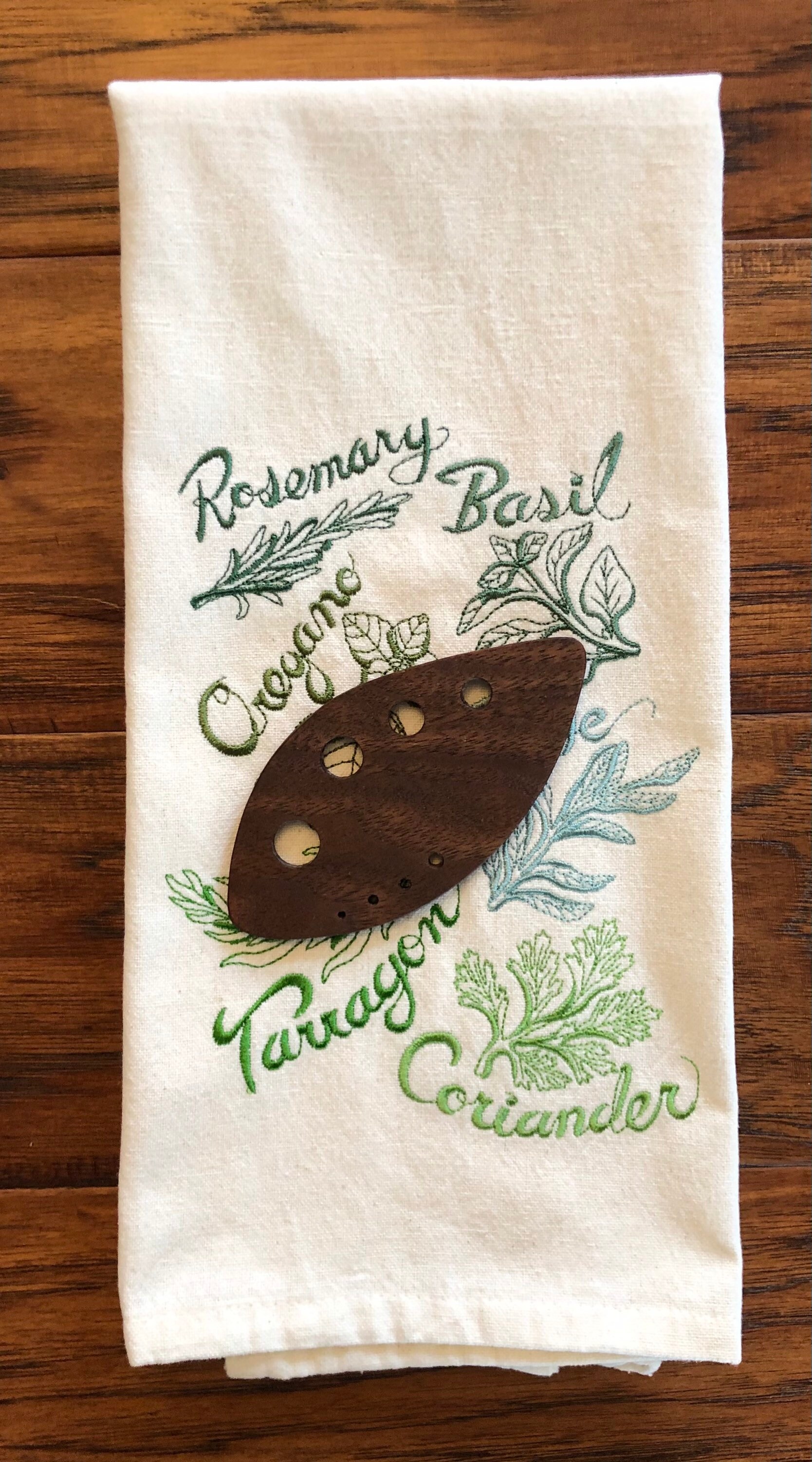 Tea towels hand-embroidered with my mom's favourite herbs - just