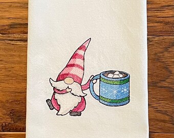 Embroidered Tea Towel, Winter Gnome, kitchen towel, Christmas towel, dish towel, gnome gift, hostess gift, hot chocolate lovers