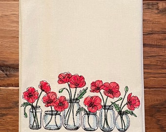 Embroidered tea towel, Poppy Jars, embroidered kitchen towel, dish towel, hand towel, floral towel, garden towel, August Birthday Flower