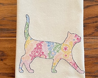 Embroidered tea towel, Bohemian Cat, kitchen towel, dish towel, hand towel, Mothers Day gift