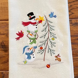 Embroidered Tea Towel, Snowman Stack, embroidered kitchen towel, dish towel, hand towel, Christmas Towel, Secret Santa gift