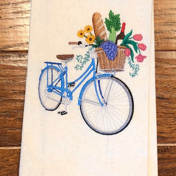 Embroidered Market Bike tea towel, dish towel, kitchen towel, Mother's Day gift
