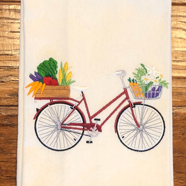 Embroidered  vegetable bike tea towel, kitchen towel, bicycle lovers, gardeners, country kitchen