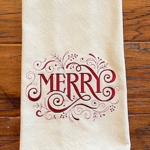 Embroidered tea towel, Christmas towel, embroidered kitchen towel, dish towel, hand towel, Merry