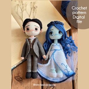 May include: Crocheted dolls of a groom in a gray suit and a bride in a blue and white dress, holding hands. The bride has blue hair and a veil. The text "Crochet pattern Digital file" is in the upper right corner.