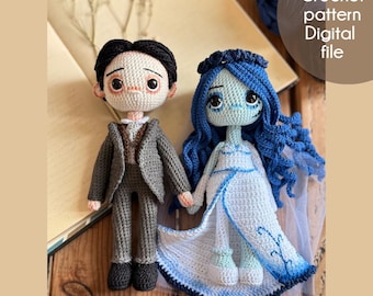 May include: Crocheted dolls of a groom in a gray suit and a bride in a blue and white dress, holding hands. The bride has blue hair and a veil. The text "Crochet pattern Digital file" is in the upper right corner.