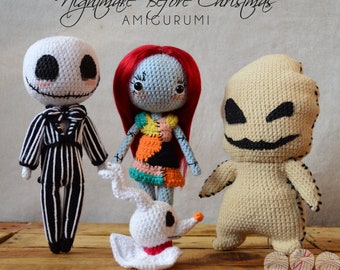 May include: Crocheted amigurumi dolls of characters from the movie Nightmare Before Christmas. The characters include Jack Skellington, Sally, Oogie Boogie, and Zero. The dolls are all handmade and have detailed features.