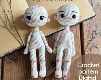 May include: Two crocheted amigurumi doll bodies with light skin and pink accents. The dolls have black eyes and are posed on a wooden surface. The text "Amigurumi Bodies" and "Crochet pattern Digital file" are visible. The Etsy shop name "@stitcheshandmade" is also visible.