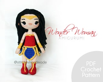 May include: Crochet amigurumi pattern for a Wonder Woman doll. The doll is wearing a red and blue costume with a gold tiara and bracelets. The pattern is available as a PDF download.