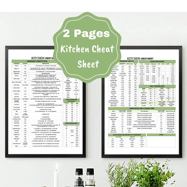 Kitchen Cheat Sheet, Kitchen conversion chart, Printable Kitchen measurement sheet, Goodnotes, Instant download, Temperature measurements