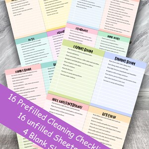 May include: A set of 16 printable cleaning checklists for different areas of the home, including the kitchen, bathroom, living room, and more. The checklists are organized in a colorful grid with each area labeled in a different color. The checklists are designed to help you keep your home clean and organized.