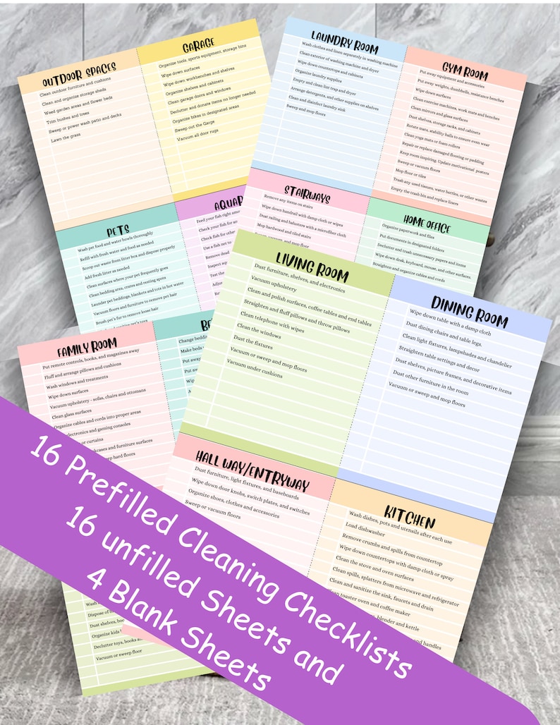May include: A set of 16 printable cleaning checklists for different areas of the home, including the kitchen, bathroom, living room, and more. The checklists are organized in a colorful grid with each area labeled in a different color. The checklists are designed to help you keep your home clean and organized.