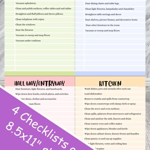 May include: A printable checklist sheet with four different cleaning checklists for the living room, dining room, hallway/entryway, and kitchen. The checklist sheet is 8.5 x 11 inches and has a purple background with white text.