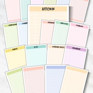 May include: A printable checklist with a variety of rooms and spaces to organize, including the kitchen, bathroom, bedroom, living room, dining room, laundry room, gym room, home office, garage, and more. The checklist is designed with a colorful grid layout.