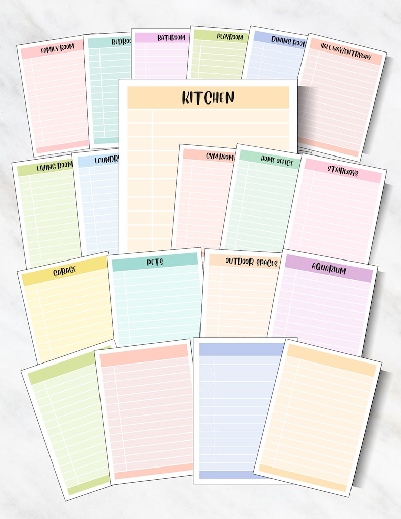May include: A printable checklist with a variety of rooms and spaces to organize, including the kitchen, bathroom, bedroom, living room, dining room, laundry room, gym room, home office, garage, and more. The checklist is designed with a colorful grid layout.