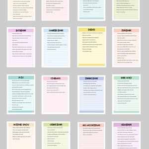 May include: A printable checklist with a pink, blue, and yellow color scheme. The checklist is divided into 16 sections, each with a room name and a list of cleaning tasks. The rooms include: Kitchen, Family Room, Bedroom, Playroom, Bathroom, Laundry Room, Garage, Gym Room, Pets, Stairways, Dining Room, Home Office, Outdoor Spaces, Living Room, Hall Way/Entryway, and Aquarium.