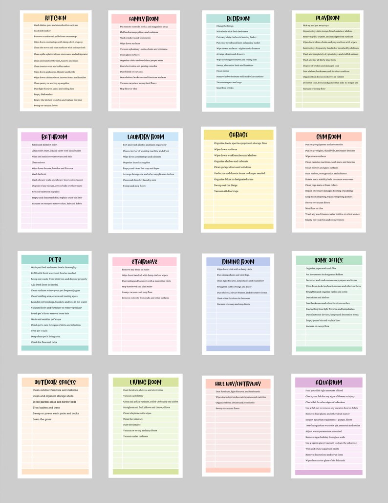 May include: A printable checklist with a pink, blue, and yellow color scheme. The checklist is divided into 16 sections, each with a room name and a list of cleaning tasks. The rooms include: Kitchen, Family Room, Bedroom, Playroom, Bathroom, Laundry Room, Garage, Gym Room, Pets, Stairways, Dining Room, Home Office, Outdoor Spaces, Living Room, Hall Way/Entryway, and Aquarium.