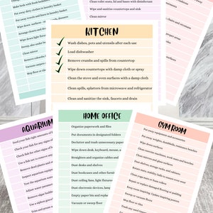 May include: A printable checklist with a light green background and pink text. The checklist is divided into 10 sections: Bedroom, Bathroom, Family Room, Kitchen, Aquarium, Home Office, Gym Room, Laundry Room, Garage, and Yard. Each section lists tasks to be completed for cleaning and organizing.