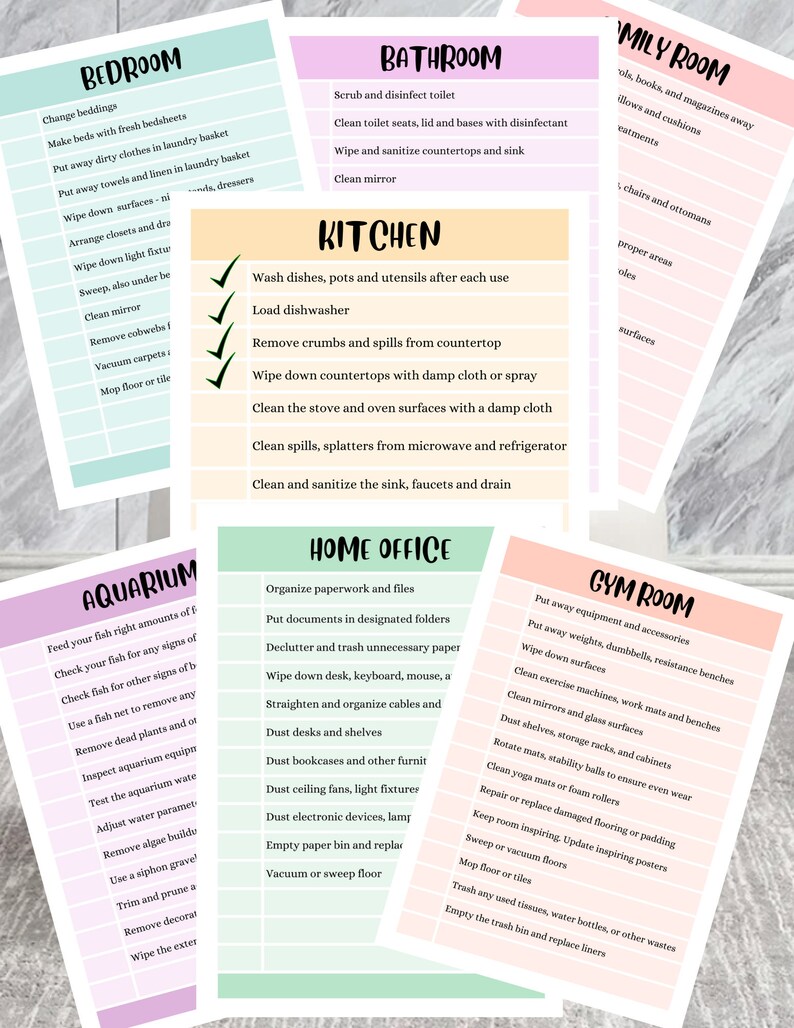 May include: A printable checklist with a light green background and pink text. The checklist is divided into 10 sections: Bedroom, Bathroom, Family Room, Kitchen, Aquarium, Home Office, Gym Room, Laundry Room, Garage, and Yard. Each section lists tasks to be completed for cleaning and organizing.