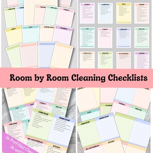 Pode incluir: Um conjunto de listas de verificação de limpeza imprimíveis para diferentes cômodos de uma casa. As listas de verificação são organizadas por cômodo, como cozinha, sala de estar, sala de jantar e banheiro. As listas de verificação estão em um esquema de cores pastel e apresentam uma variedade de fontes. O texto nas listas de verificação inclui "Listas de verificação de limpeza cômodo por cômodo", "16 listas de verificação de limpeza pré-preenchidas", "16 folhas não preenchidas e 4 folhas em branco", e "Download instantâneo imprimível".