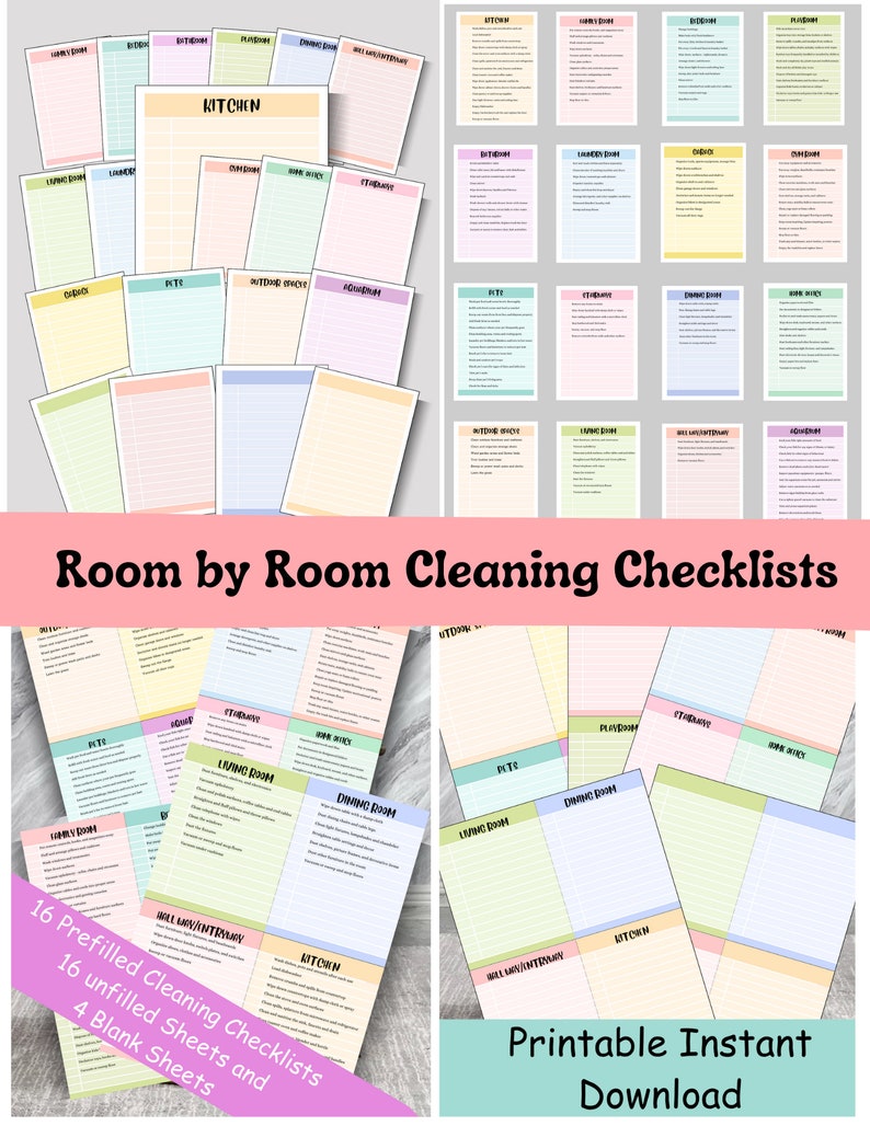 May include: A set of printable cleaning checklists for different rooms in a house. The checklists are organized by room, such as kitchen, living room, dining room, and bathroom. The checklists are in a pastel color scheme and feature a variety of fonts. The text on the checklists includes "Room by Room Cleaning Checklists", "16 Prefilled Cleaning Checklists", "16 Unfilled Sheets and 4 Blank Sheets", and "Printable Instant Download".