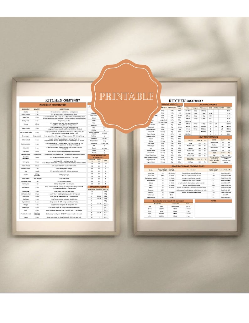 May include: A printable kitchen cheat sheet with information on ingredient substitutions, oven temperatures, liquid equivalents, meat temperatures, grain ratios and cooking times, and slow cooker and instant pot conversions. The cheat sheet is in a white frame with a brown background.