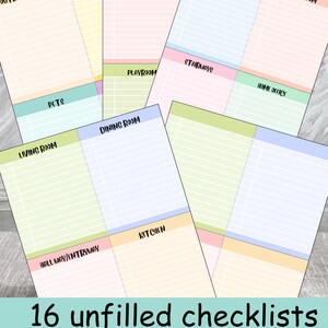 May include: A printable checklist set with 16 different rooms and spaces, including "Outdoor Spaces", "Pets", "Laundry Room", "Family Room", "Gym Room", "Stairways", "Home Office", "Playroom", "Living Room", "Dining Room", "Hall Way/Entryway", and "Kitchen". The checklists are in pastel colors and have a lined format for writing.