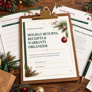 May include: A printable holiday planner on a wooden clipboard with a gold clip. The cover page reads Holiday Returns, Receipts & Warranty Organizer, decorated with pine branches, red berries, and ornaments. Additional sheets include a Gift & Purchase Tracker, Receipt Filing Log, and Holiday Closeout Checklist, accompanied by a green and gold pen.