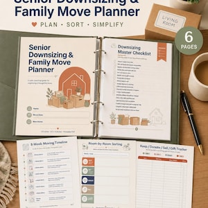 May include: A printable Senior Downsizing & Family Move Planner in a binder, featuring a cover page with a house illustration, a Downsizing Master Checklist, an 8-Week Moving Timeline, a Room-by-Room Sorting guide, and a Keep/Donate/Sell/Gift Tracker.