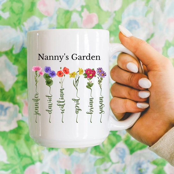 Nanny's garden birth month flower gift, personalized gift for Nanny, floral mug with Grandchildrens names, mothers day gift from grandkid