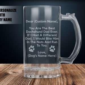 dachshund dad gift for men, personalized dachshund dad gift, custom dachshund dad gift ideas, dachshund dad beer glass, dachshund beer mug