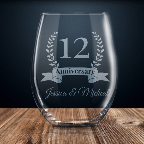 12 year anniversary gift, 12th anniversary gift, personalized anniversary gift, wedding anniversary stemless wine glass, twelve year married