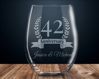 42 year anniversary gift, 42nd anniversary gift, personalized anniversary gift, wedding anniversary stemless wine glass, 42 years married