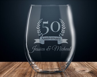 50 year anniversary gift, 50th anniversary gift, personalized anniversary gift, wedding anniversary stemless wine glass, 50 years married