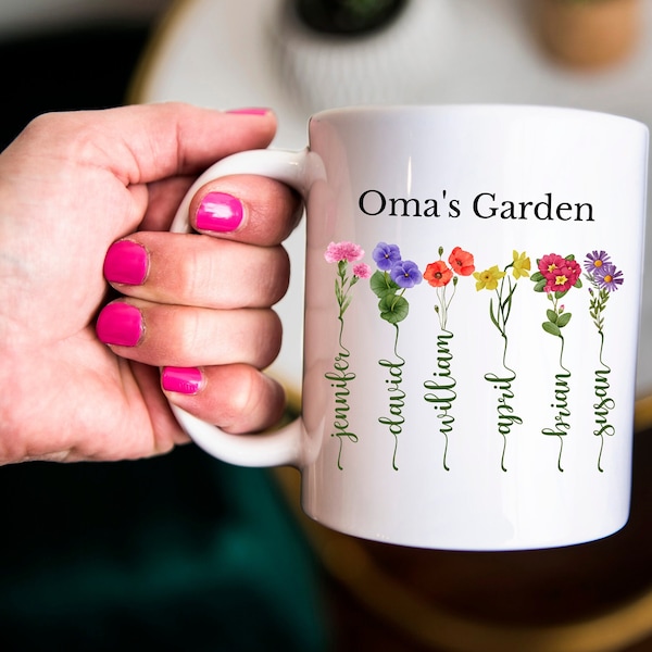 Oma's garden birth month flower gift, personalized gift for Oma, floral mug with Grandchildrens names, mothers day gift from grandkid