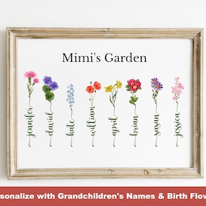 Mimi&#39;s garden personalized art print, Birth Month Flowers with grandkids names, Gift for Mimi birthday, Family Name Watercolor canvas