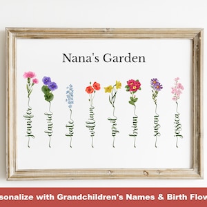 Nana&#39;s garden personalized art print, Birth Month Flowers with grandkids names, Gift for nana birthday, Family Name Watercolor canvas