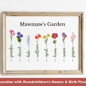 Mawmaw&#39;s garden personalized art print, Birth Month Flowers with grandkids names, Gift for Mawmaw birthday, Family Name Watercolor canvas
